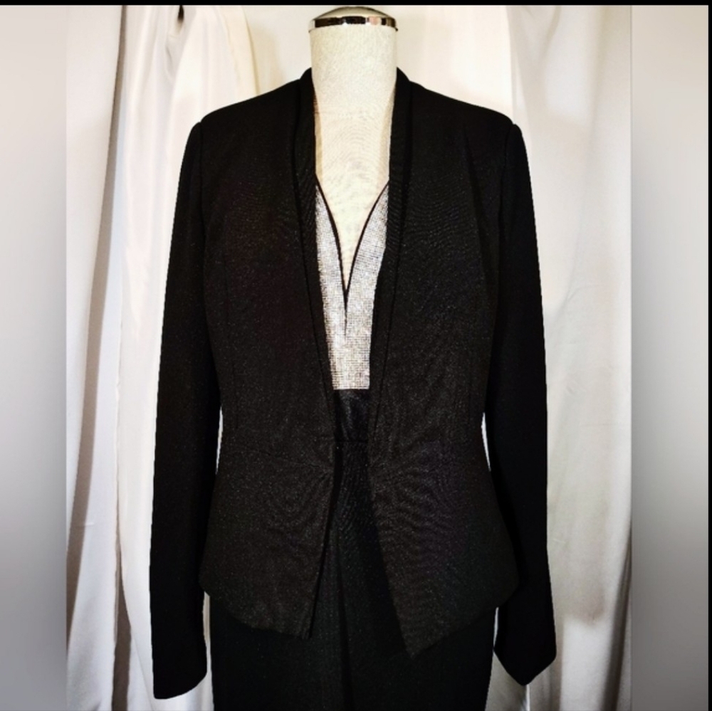 2 Pc: Charlotte Rose Sheath Dress+ Crop Suit Jacket, Black/Silver Floor Lngth, M - Picture 7 of 16